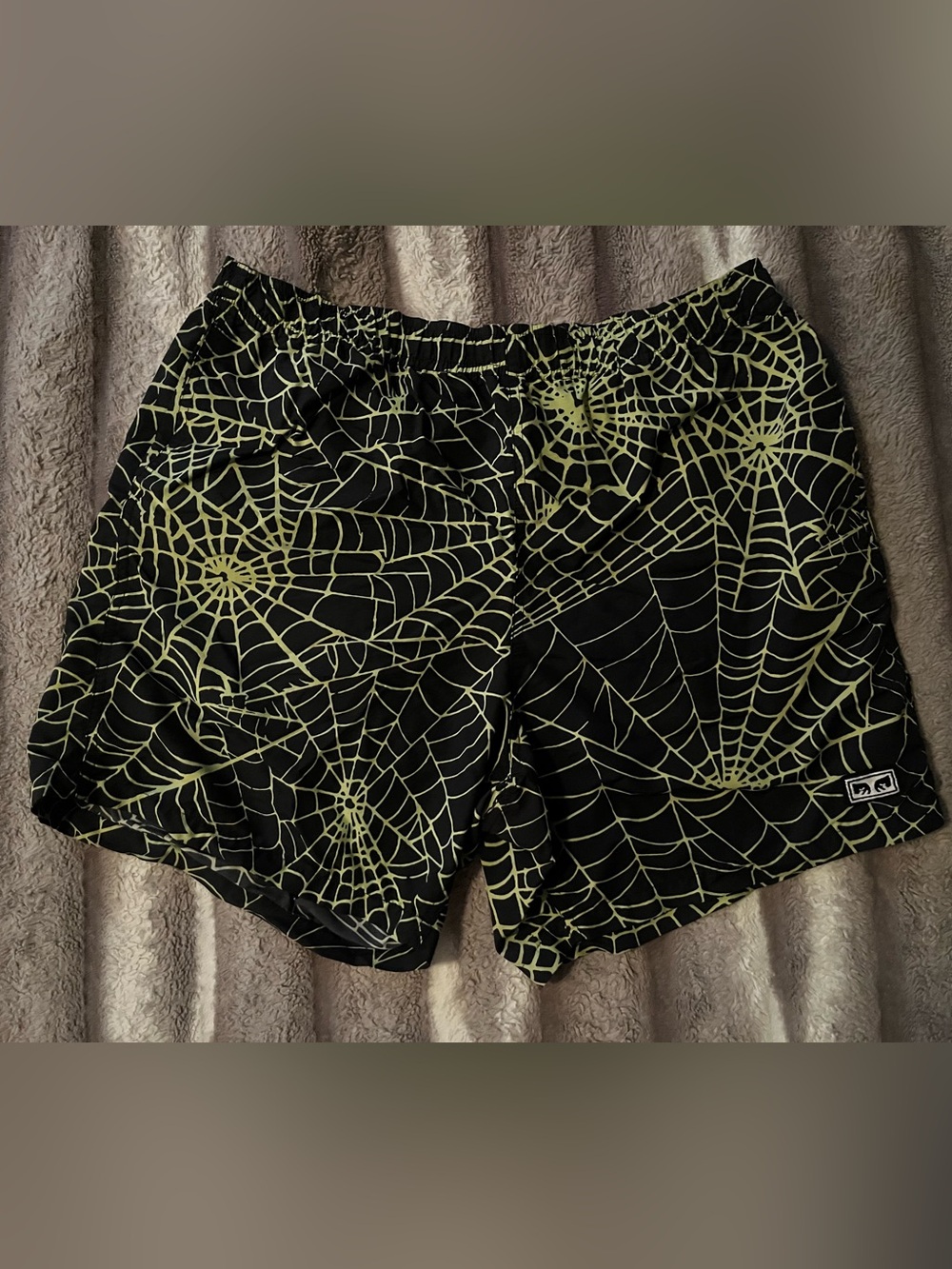 Obey Black Shorts with Neon Green Spiderweb Print